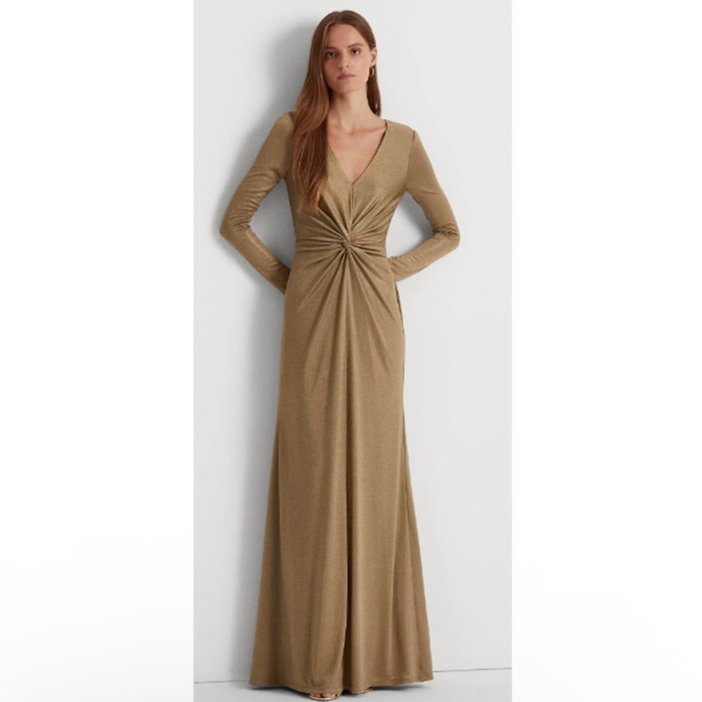 Lauren Ralph Lauren Size 2 Twist Front Jersey Maxi Shift Dress Gold Long Sleeves - Picture 1 of 11